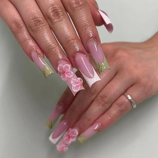 A girl pink short retro flower manicure, sweet girl fake nails, gentle spring and summer flowers wearing nail pads - Mixbatch