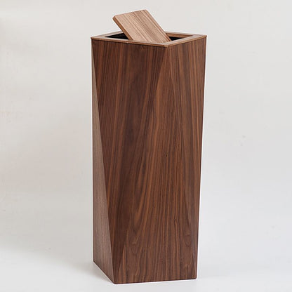 A wooden trash can