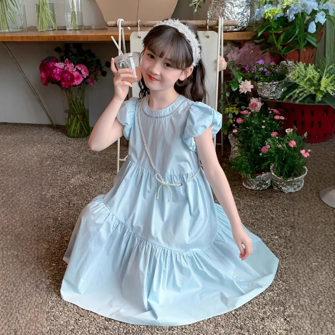 A girls summer Korean bubble sleeve dress new children's foreign style sweet solid color princess dress tide cross-border