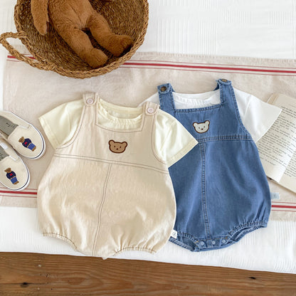 A South Korean children's clothing summer cartoon teddy bear bag fart jacket ins baby shoulder strap triangle jumpsuit - Mixbatch