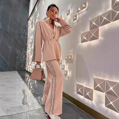 A Fashion Drawstring Waist Top Wide Leg Pants Two-piece Set