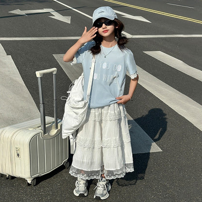 A girls summer suit new children's foreign style Korean version medium and older children's short-sleeved T-shirt half-body lace cake skirt t