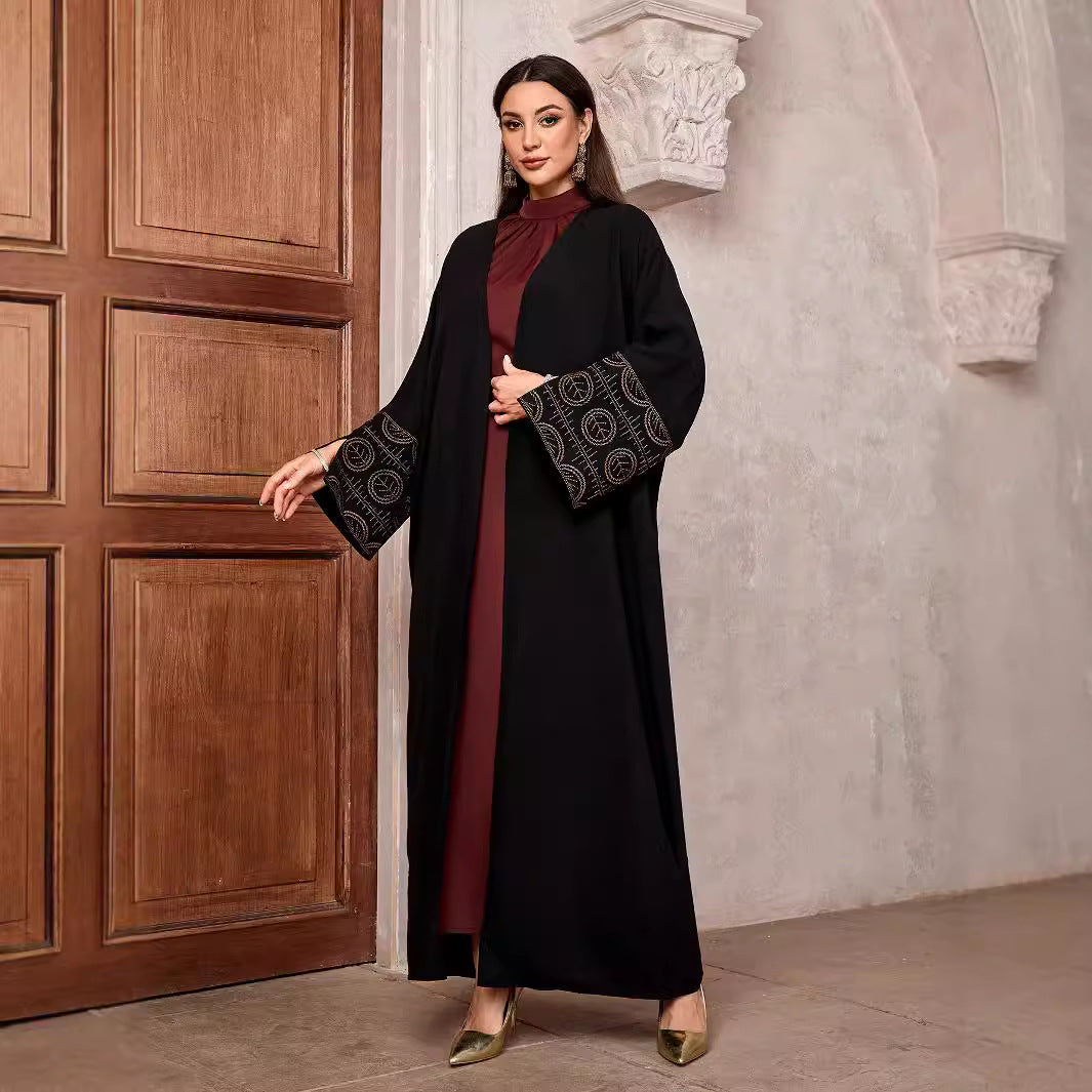 Middle Eastern Muslim Fashion Temperament Elegant Embroidered Cardigan Dubai Arabian Robe Bat Sleeve Split Black - Mixbatch