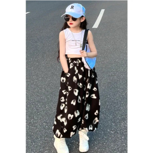 A girls pants summer thin wide-leg pants new summer letter sleeveless top casual pants set foreign trade