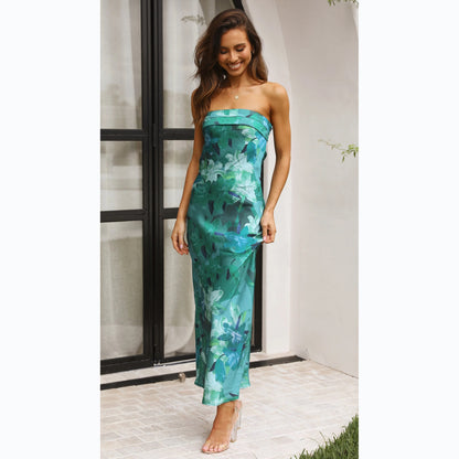 A flower print chest wrap medium and long dress D2210