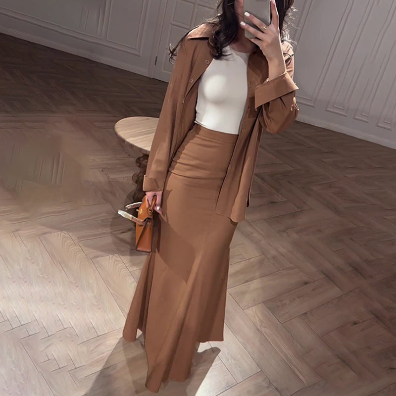 A Autumn Casual Fashion Comfortable Shirt High Waist Hip Wrap Slim Skirt Set