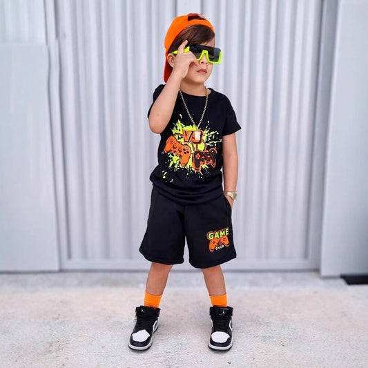 A European, American and foreign trade Amazon summer new hot-selling gamepad printed children's clothing set short-sleeved T-shirt shorts