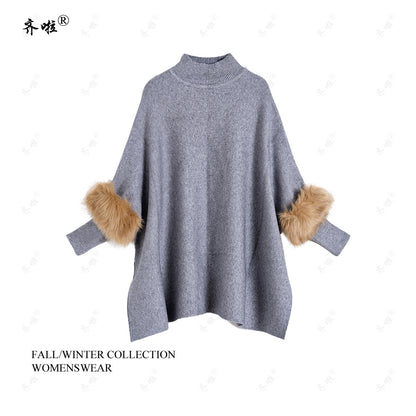 A turtleneck pullover cape knitted sweater simulation fur fur sleeve sweater large size bottoming shirt jacket women