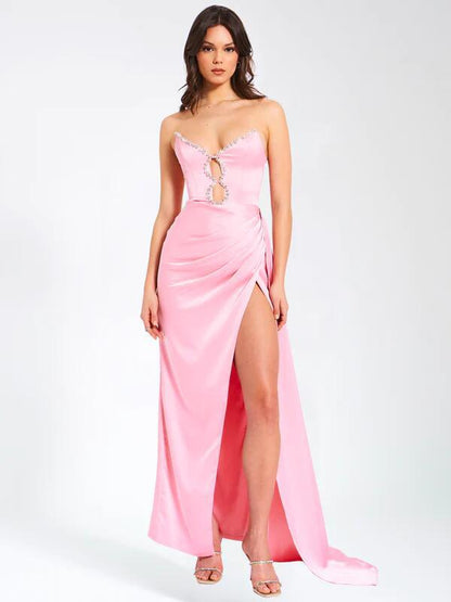 A new pink sexy one-word shoulder handmade hot drill hollow high waist split slim skirt elegant party