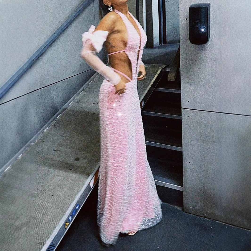 A dress pink orange beads party style neck strap skirt deep V rear hollow strap low waist long dress
