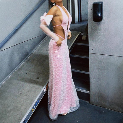 A dress pink orange beads party style neck strap skirt deep V rear hollow strap low waist long dress