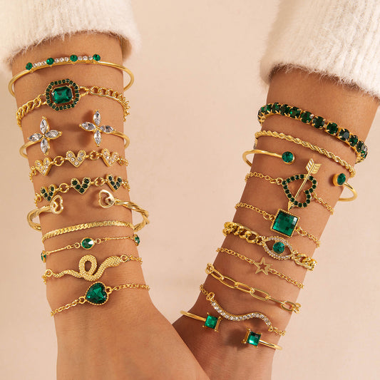 A European and American cross-border, fashionable and retro imitation gemstone love stacking bracelet, niche design sense snake jewelry set - Mixbatch