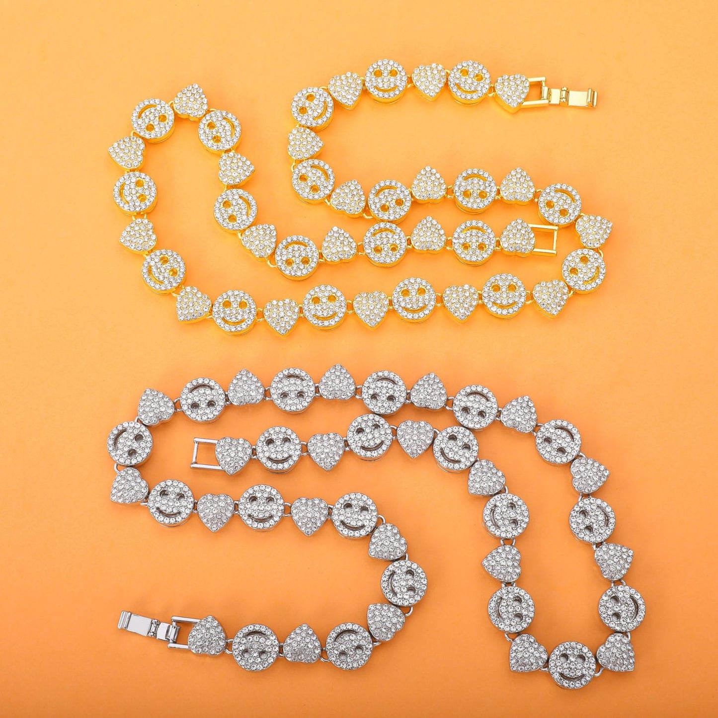 A cross-border hot sale new love smiley face full of diamonds Cuban chain European and American hip-hop necklace jewelry DIY - Mixbatch