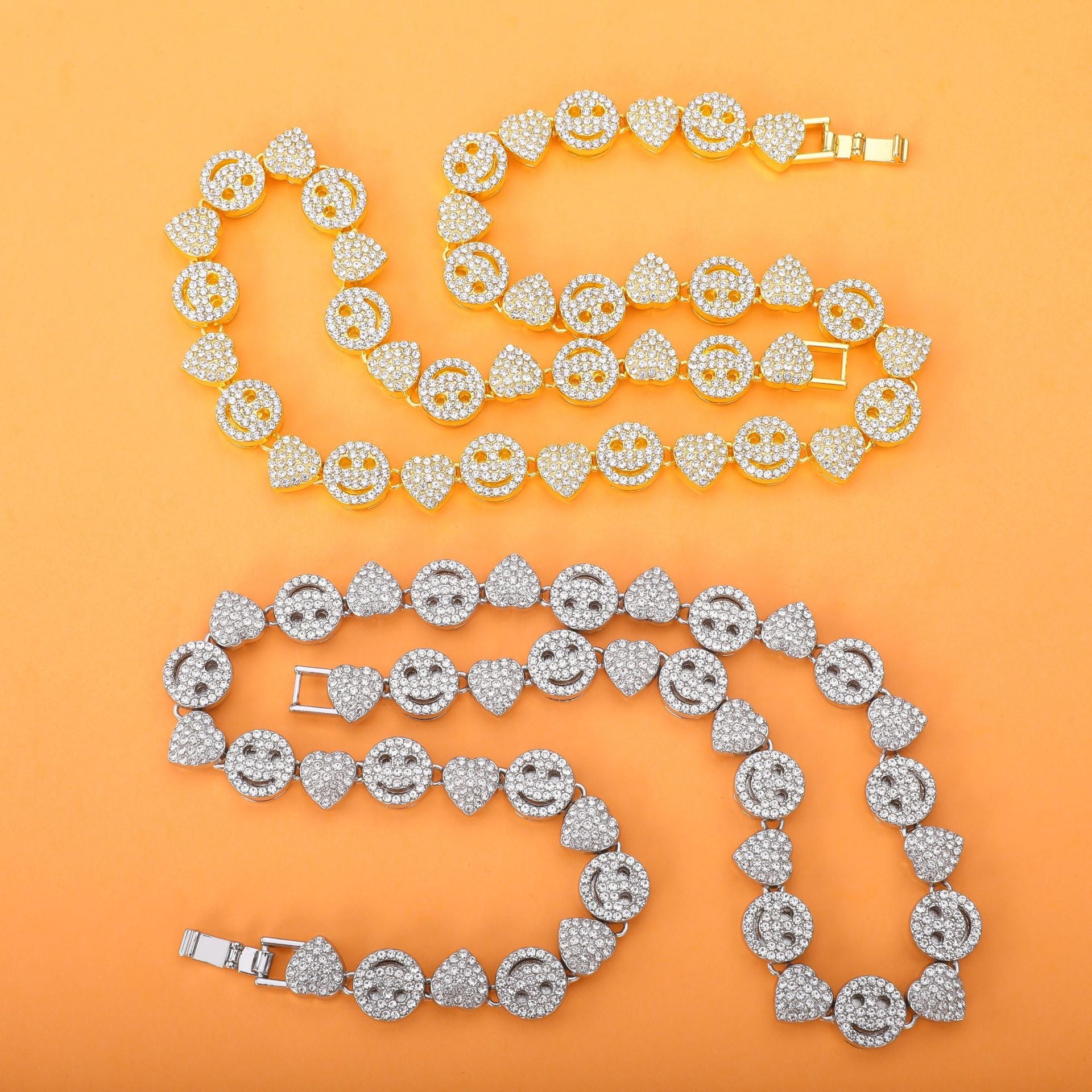 A cross-border hot sale new love smiley face full of diamonds Cuban chain European and American hip-hop necklace jewelry DIY - Mixbatch
