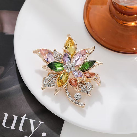 A color zirconium hibiscus brooch high-end femininity crystal brooch coat retro exquisite luxury pin accessories gift - Mixbatch