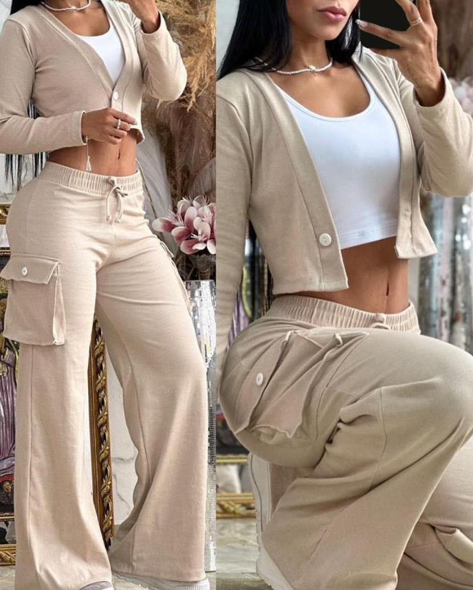 A Women's Casual Long Sleeve Solid Color Button Pocket Wide Leg Pants Set - Mixbatch