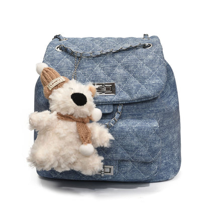 A denim texture small fragrant wind rhombus chain portable small bag fashionable commuter versatile backpack