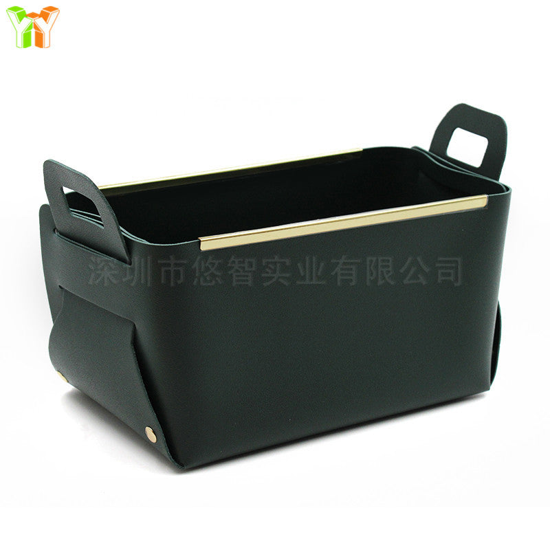 A leather sock storage basket