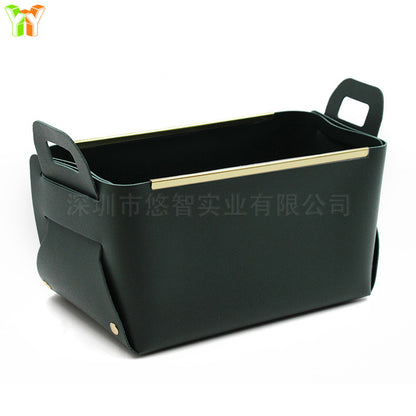 A leather sock storage basket