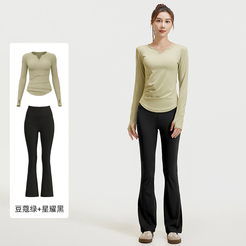 A autumn v-neck yoga suit pleated naked feeling slim and thin long fitness suit women