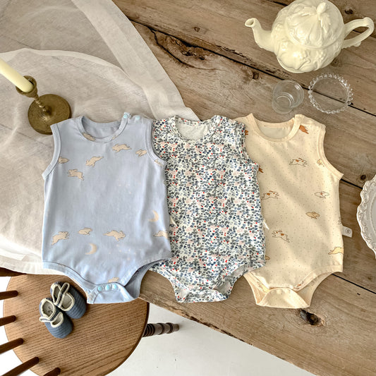 A baby and toddler summer thin boneless vest with buttocks and jumpsuit ins Nordic rabbit floral print sleeveless crawling suit - Mixbatch