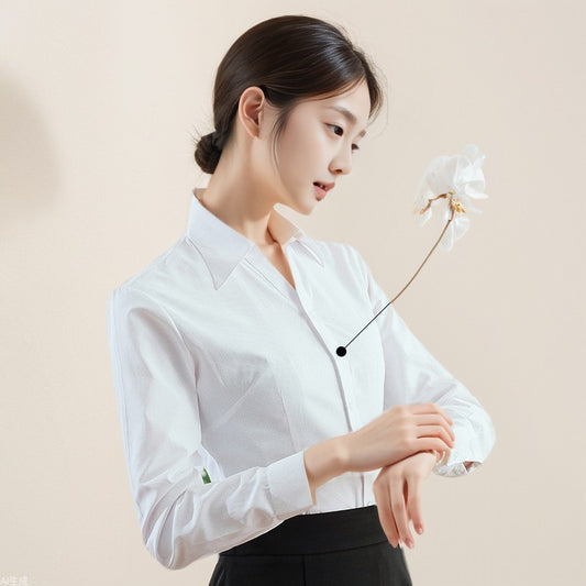 A new women's long-sleeved white shirt OL slim-fitting professional wear, interview overalls cotton V-neck shirt dress collar - Mixbatch