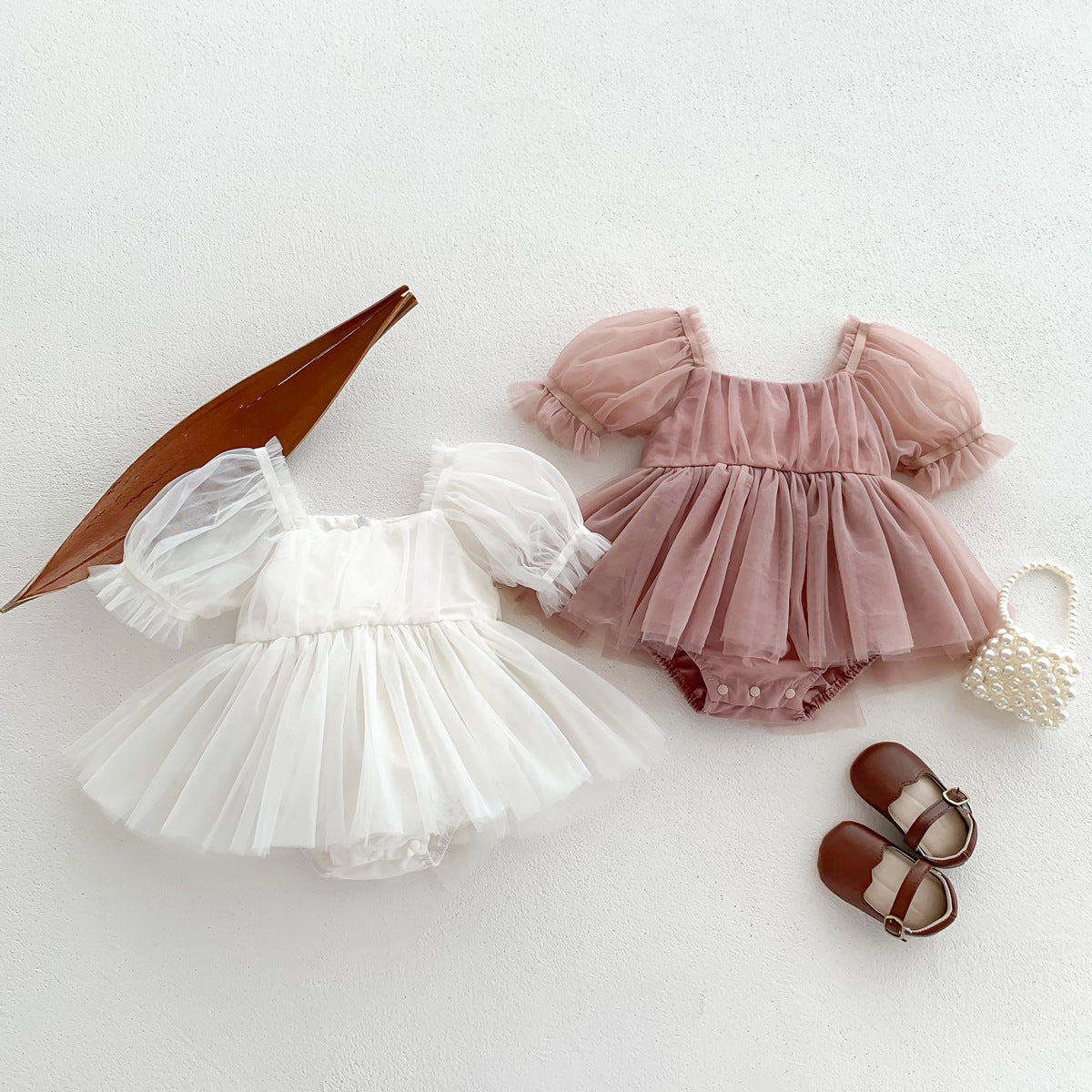 A Baby spring and summer puff sleeve bag fart clothes, baby girl big bow mesh skirt, newborn year-old princess crawling clothes - Mixbatch