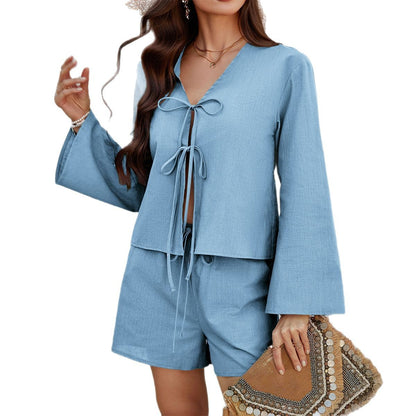 Europe, America 2025 spring and summer casual vacation style solid color cardigan long-sleeved top short pants suit women's clothing - Mixbatch