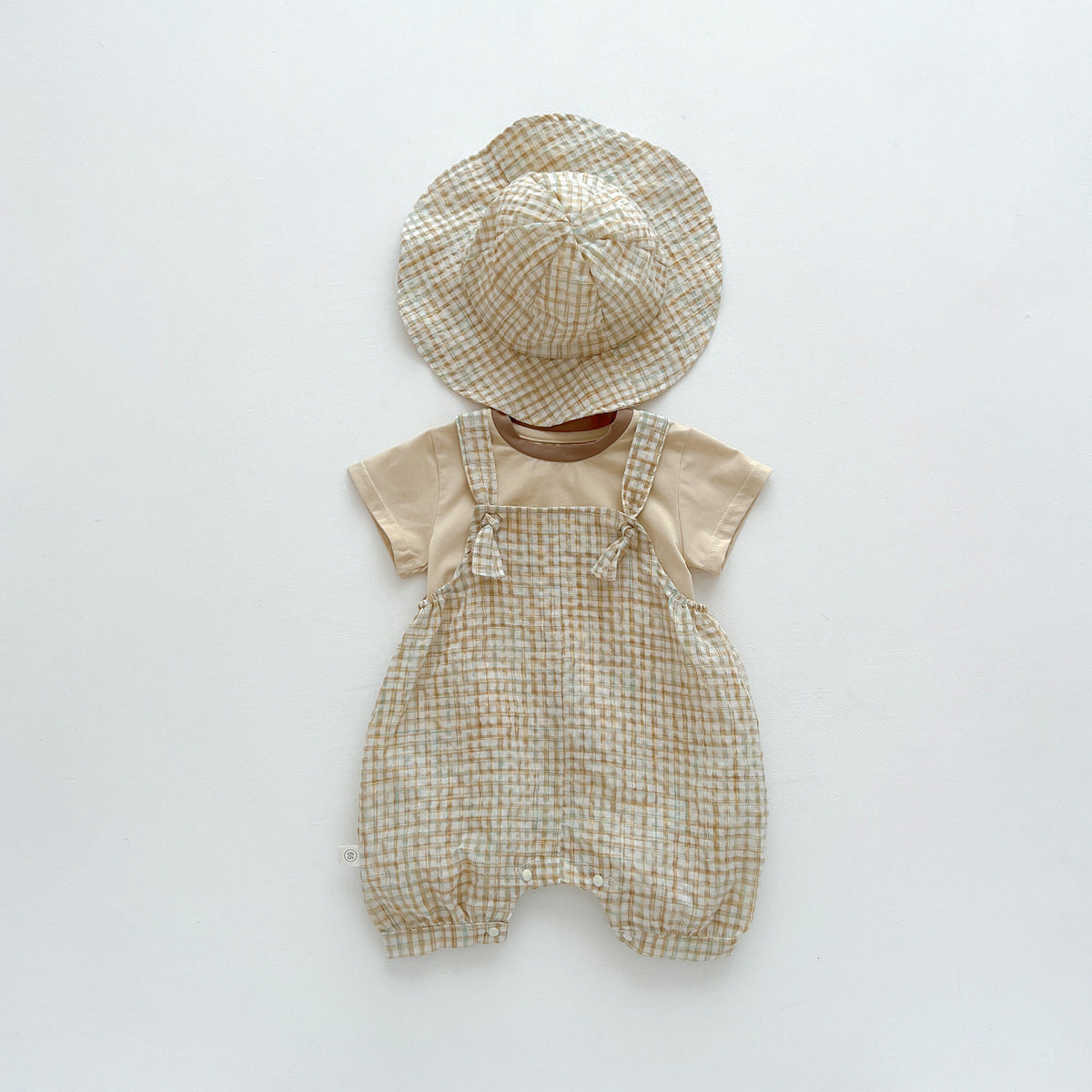 A children&#039;s summer Korean plaid bib suit ins baby boy and girl baby round neck T-shirt two-piece hat - Mixbatch