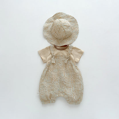 A children&#039;s summer Korean plaid bib suit ins baby boy and girl baby round neck T-shirt two-piece hat - Mixbatch