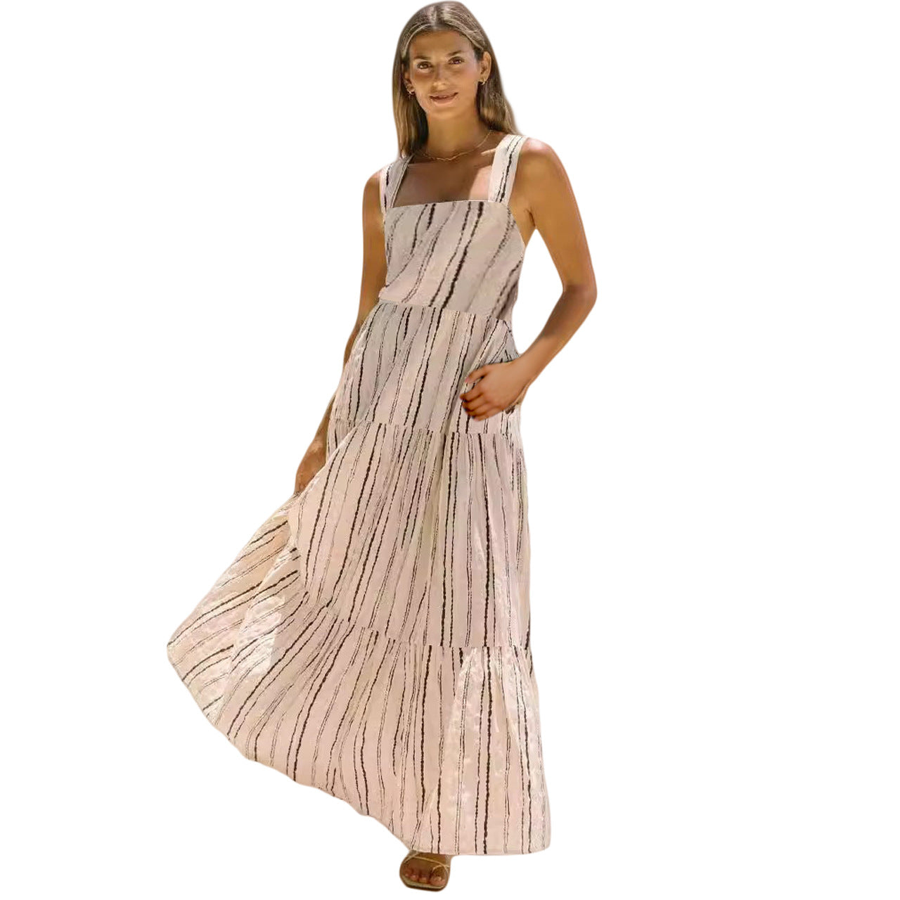A fresh and sweet cross-border spring and summer style, striped printed one-word collar lace-up dress 88116