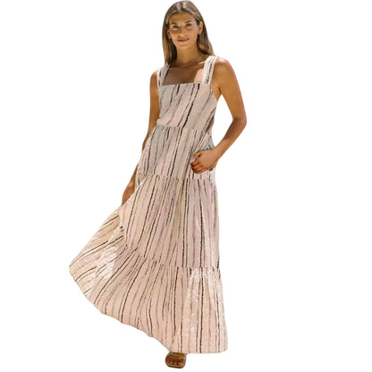 A fresh and sweet cross-border spring and summer style, striped printed one-word collar lace-up dress 88116