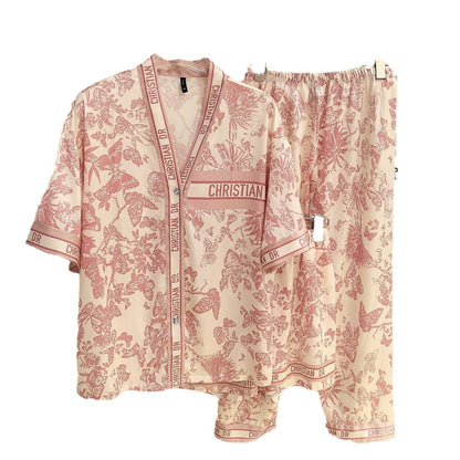 A butterfly three-piece pajamas spring and summer large size thin loose ice silk women's short-sleeved trousers set sweet and can be worn outside