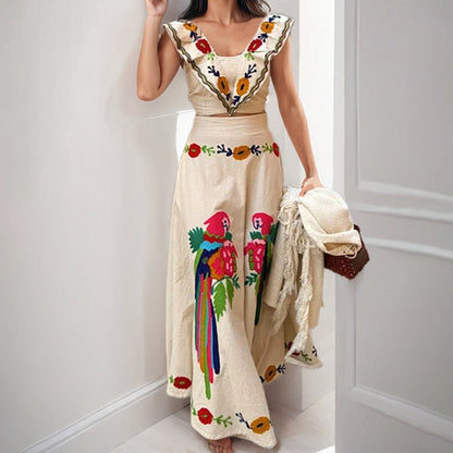 A new European and American women's clothing temperament elegant and simple printed square collar high waist suit