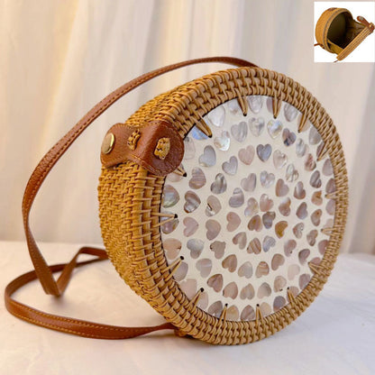 A rattan bag ins diagonal span mini bag Mori basket retro literary woven round bag vacation bucket bag leather buckle bag