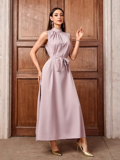 Women's Muslim Solid Color Casual Sleeveless Bottom Long Dress High Neck Belt Dress Inner Shirt - Mixbatch