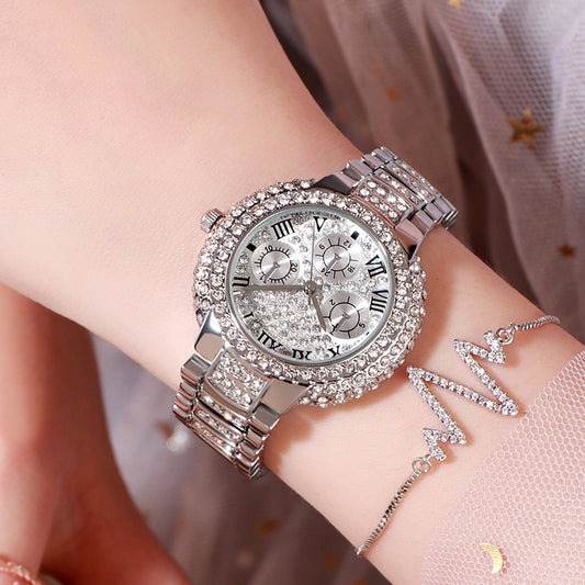 A BW elegant wrist, new bracelet set, watch manufacturer self-operated foreign trade diamond three-eye set full of diamond silver powder 8093