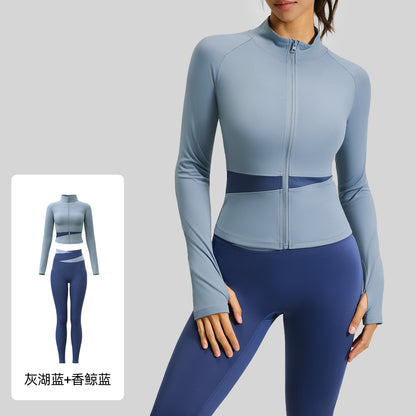 A color matching three-piece nude yoga suit running waist fitness suit women