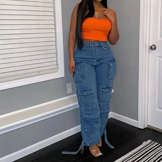 A European and American cross-border jeans, Amazon fashion viral trends multi-pocket large size African jeans overalls