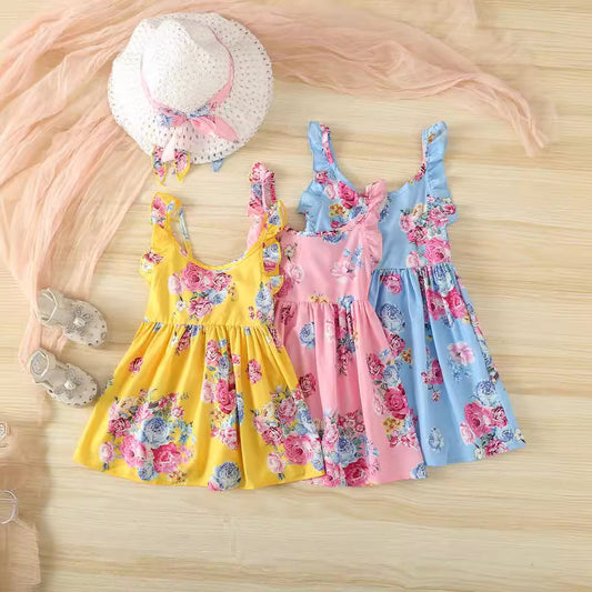 A Kids dress Girls fashion summer dress Korean version sleeveless simple flower print princess dress - Mixbatch