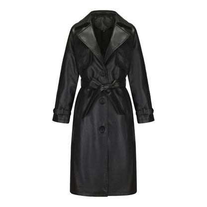A women's long PU leather jacket