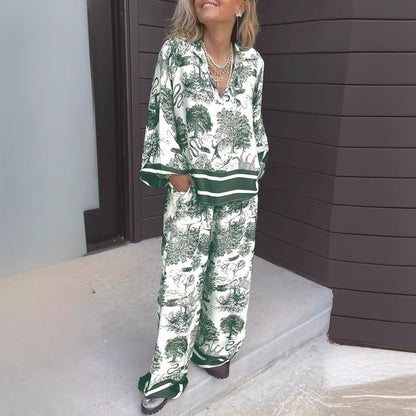 A Cross-border independent station fashionista V-neck printed long-sleeved pocket casual women's suit