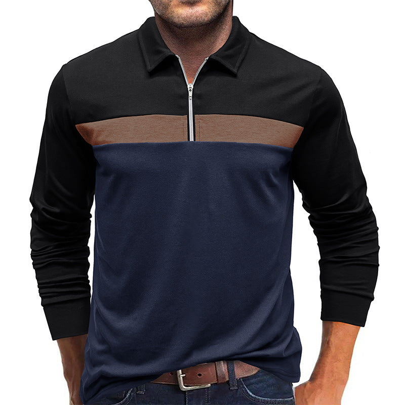 A Men's Fashion Color-Blocking Long Sleeve Zip Henry Shirt Amazon Fall Winter Men's Lapel Casual POLO Shirt