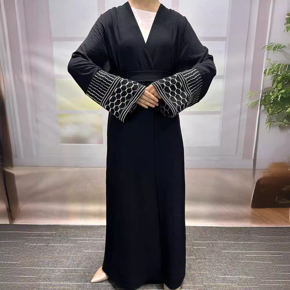 Middle Eastern Muslim Clothing Fashion Elegant Pocket Cardigan Embroidered Lace-Up Dress Robe - Mixbatch