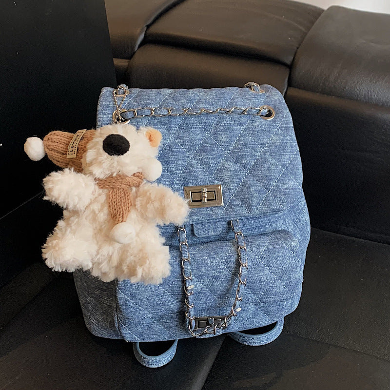 A denim texture small fragrant wind rhombus chain portable small bag fashionable commuter versatile backpack