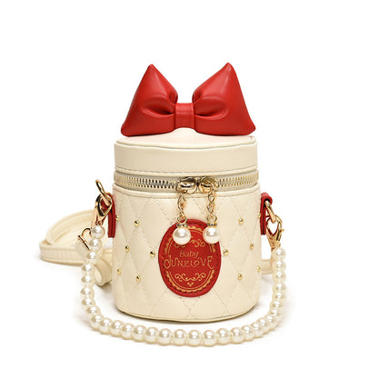 A  children's bag bow bucket bag foreign style girl pearl chain shoulder bag - Mixbatch