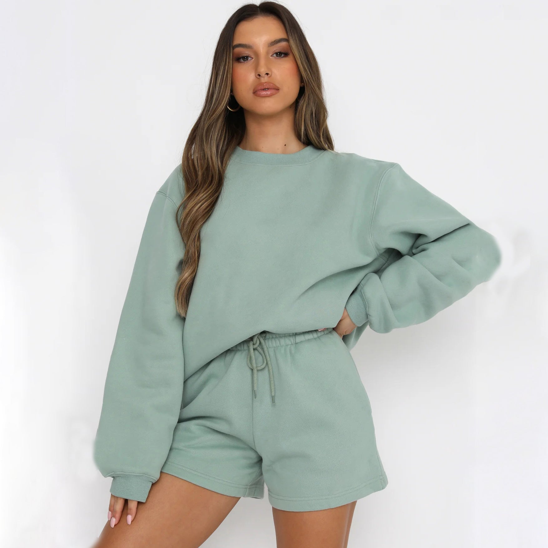 A solid color loose and versatile casual crew neck sweater shorts set - Mixbatch