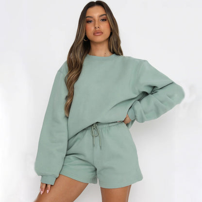 A solid color loose and versatile casual crew neck sweater shorts set - Mixbatch