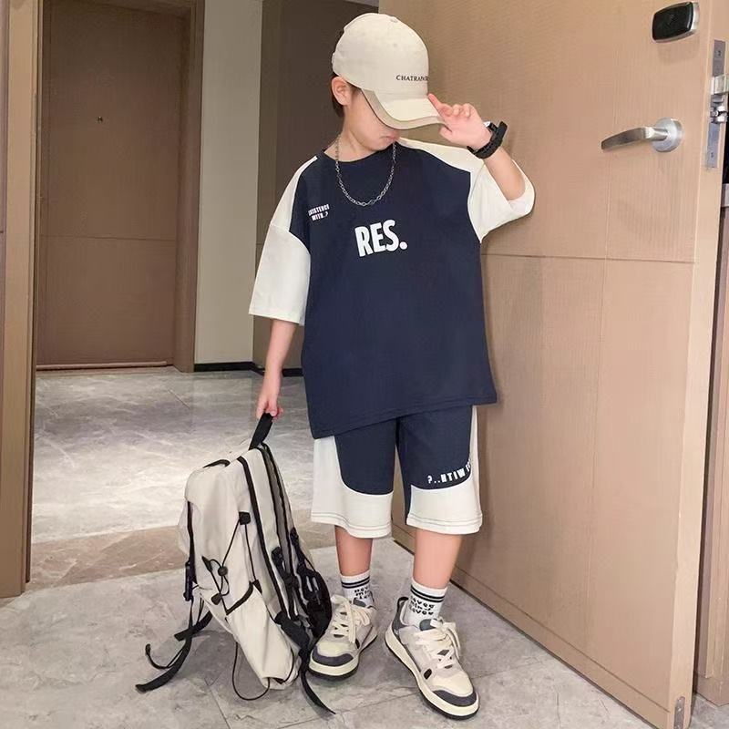 P [Pure Cotton Set] Boys Summer Short Sleeve Set Medium and Older Children's Sports Two-piece Set Boys Handsome Short Sleeve Shorts