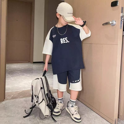 P [Pure Cotton Set] Boys Summer Short Sleeve Set Medium and Older Children's Sports Two-piece Set Boys Handsome Short Sleeve Shorts